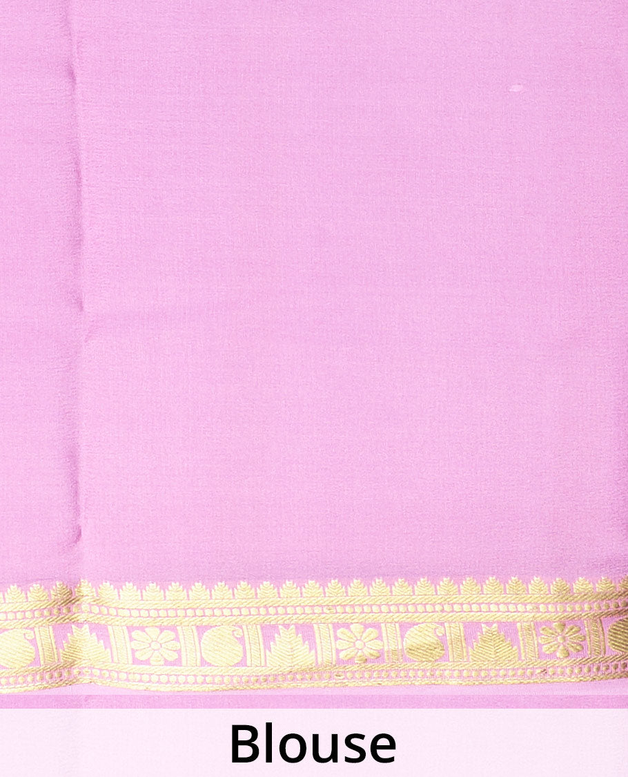 Green plain Mysore silk saree, contrast traditional zari design border, and zari striped pallu