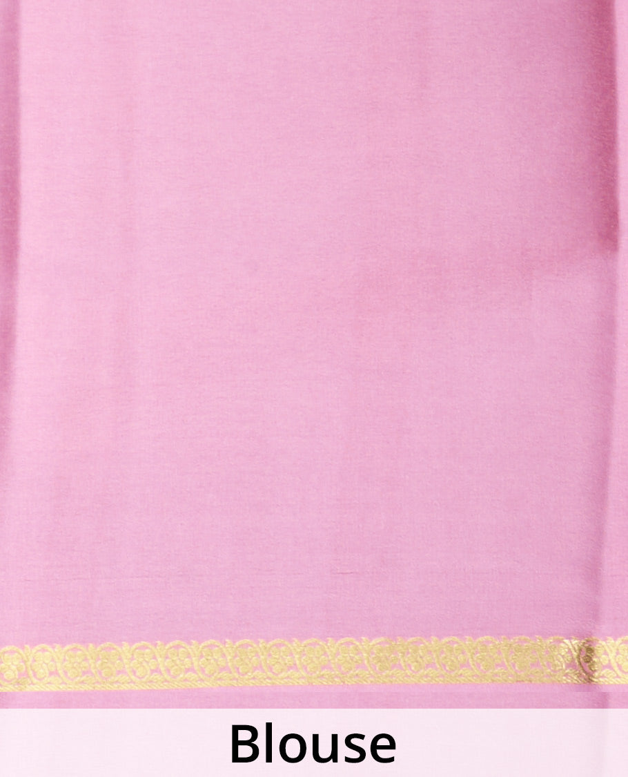 Flamingo pink plain Mysore silk saree, floral creeper zari border, and zari striped pallu