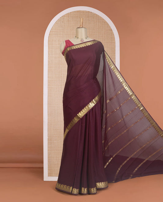 Maroon plain Mysore silk saree, paisley zari design border, and zari striped pallu