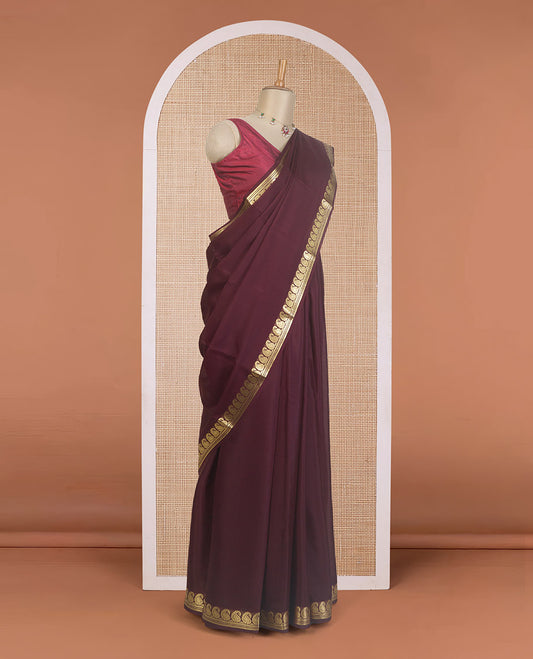 Maroon plain Mysore silk saree, paisley zari design border, and zari striped pallu