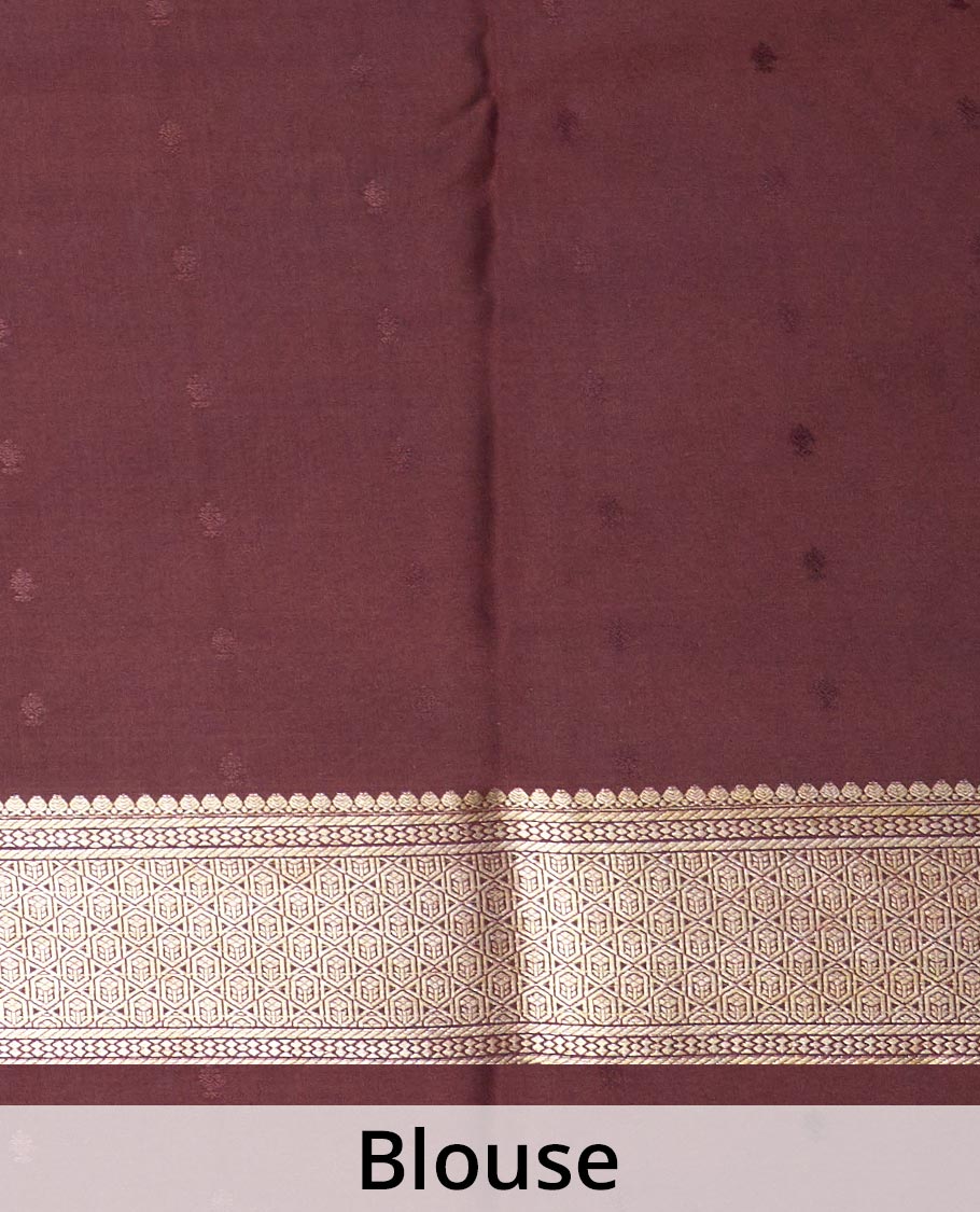 Orange zari buttas Mysore silk saree, contrast traditional zari design border, and jaal pallu