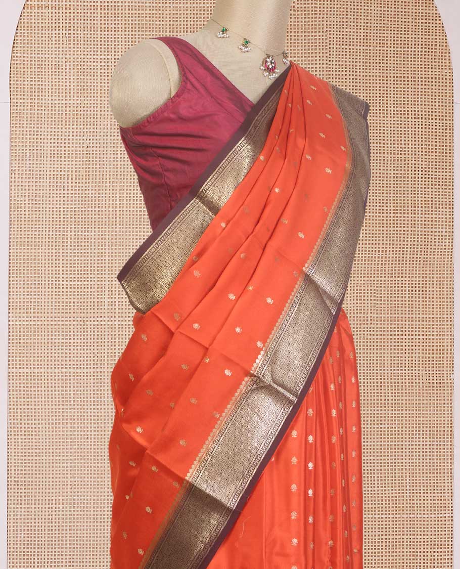 Orange zari buttas Mysore silk saree, contrast traditional zari design border, and jaal pallu