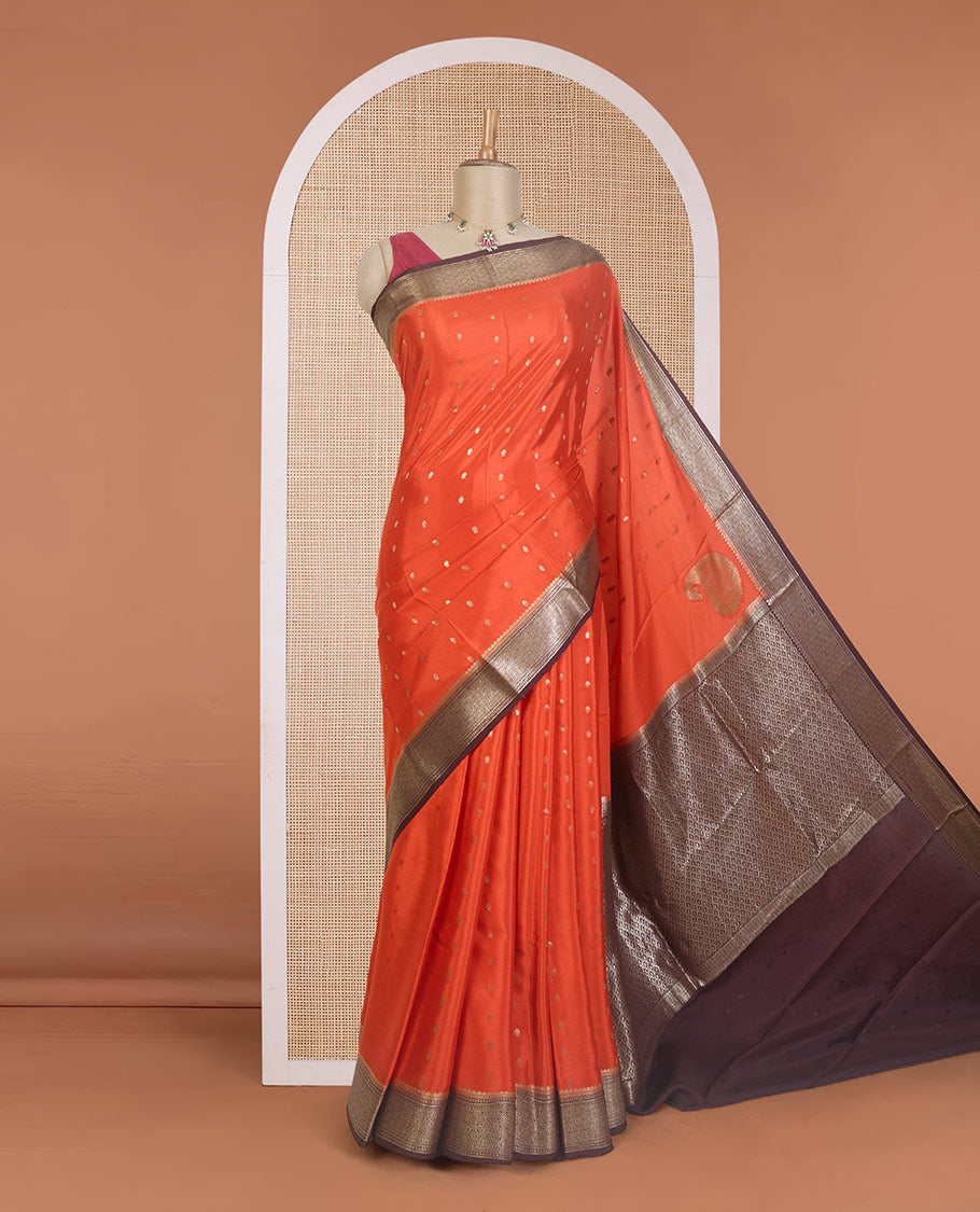 Orange zari buttas Mysore silk saree, contrast traditional zari design border, and jaal pallu
