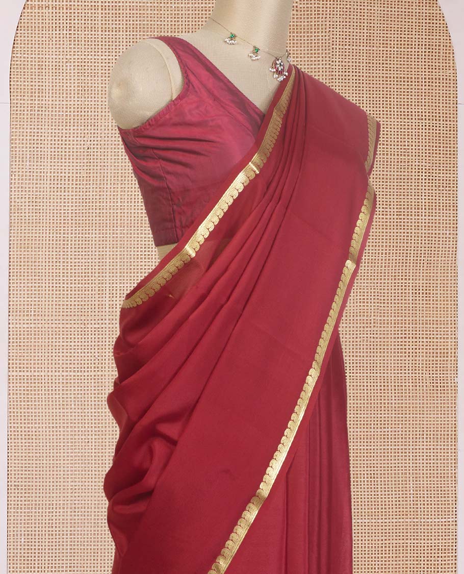 Maroon plain Mysore silk saree, paisley zari design border, and zari striped pallu