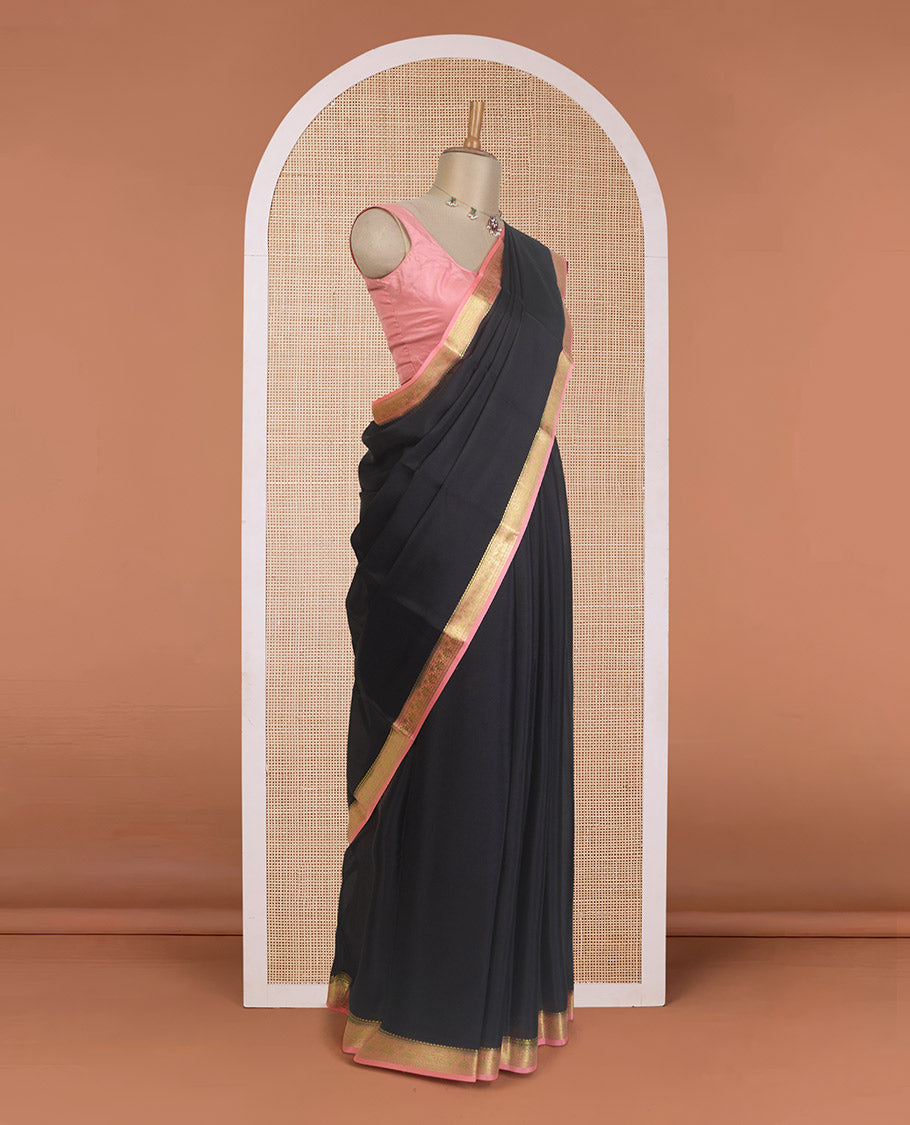 Black plain design Mysore silk saree, contrast traditional zari design border, and zari striped pallu