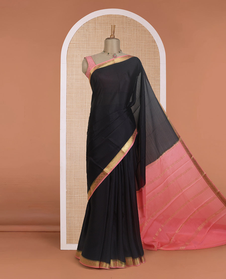 Black plain design Mysore silk saree, contrast traditional zari design border, and zari striped pallu