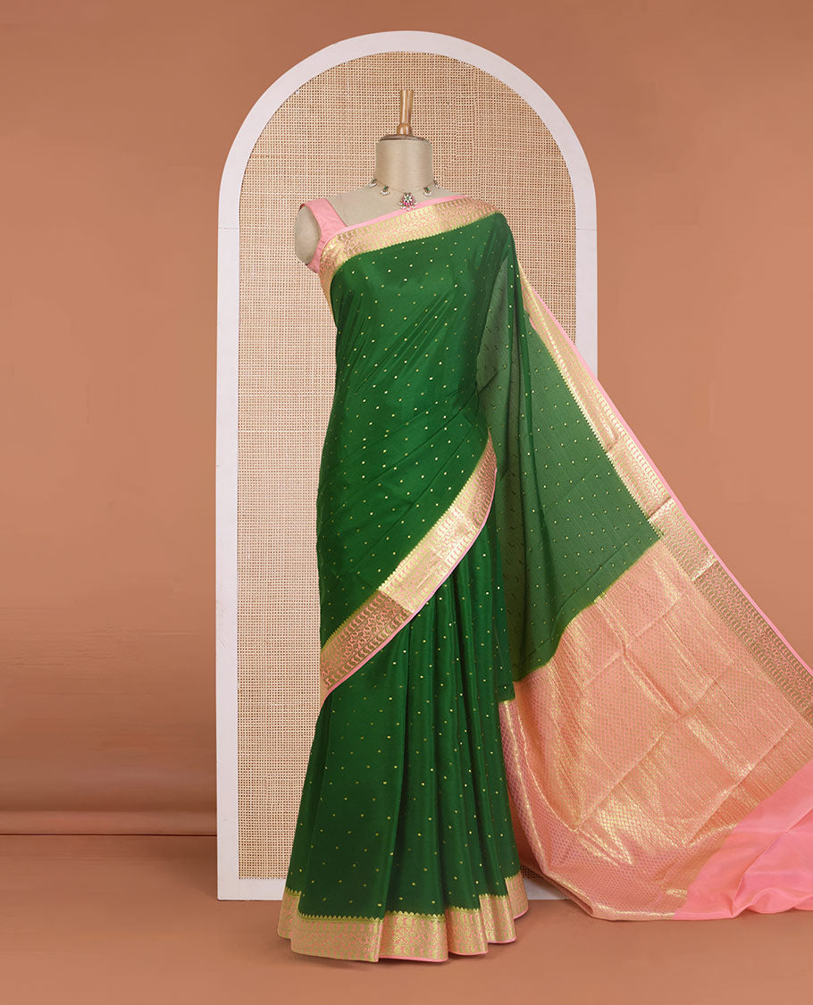 Green zari buttas Mysore silk saree, contrast traditional zari border of paisleys, and jaal pallu