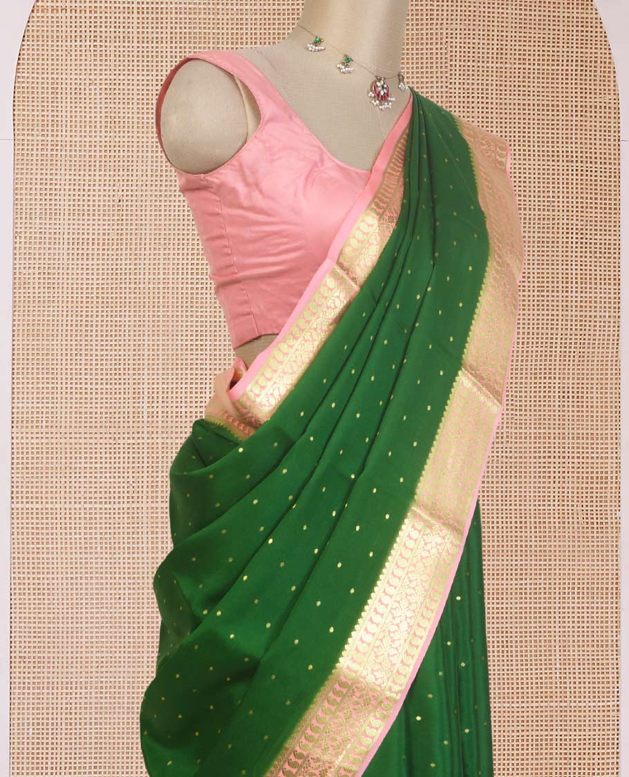 Green zari buttas Mysore silk saree, contrast traditional zari border of paisleys, and jaal pallu