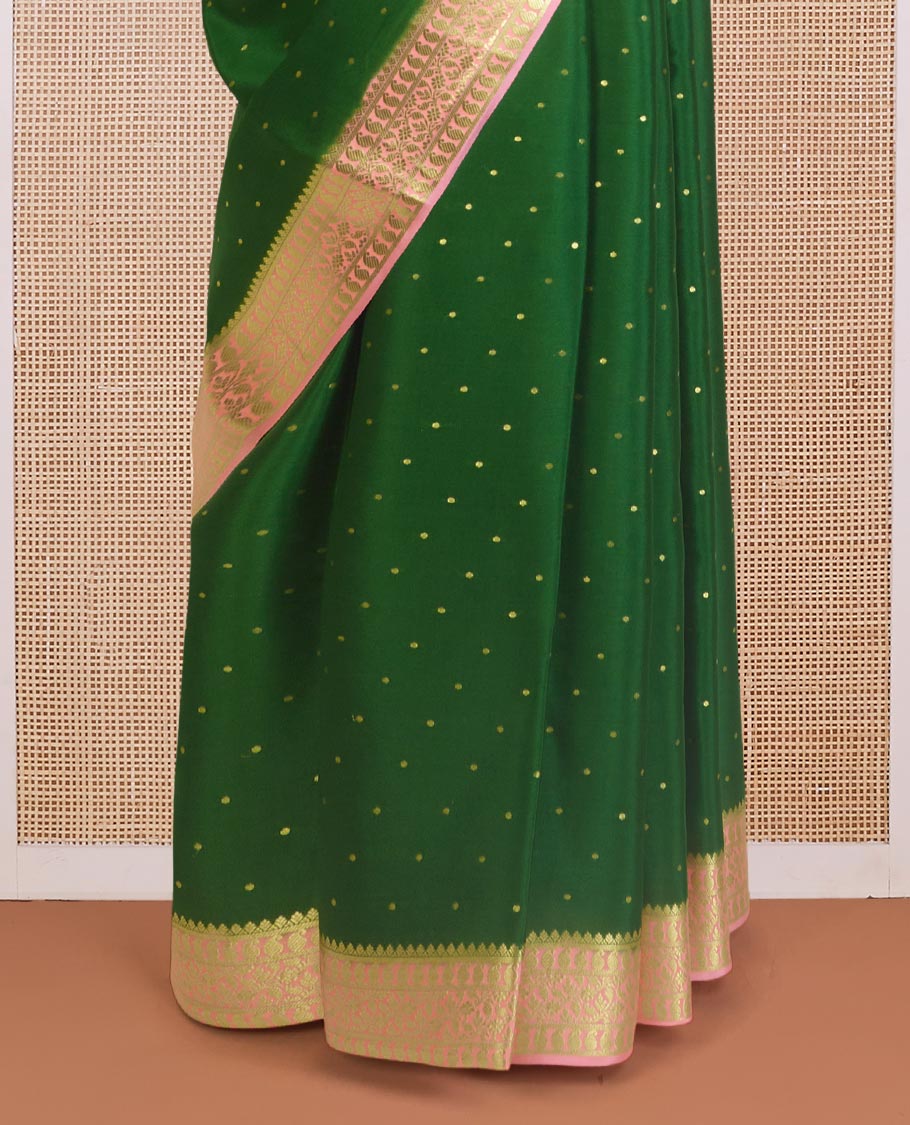 Green zari buttas Mysore silk saree, contrast traditional zari border of paisleys, and jaal pallu