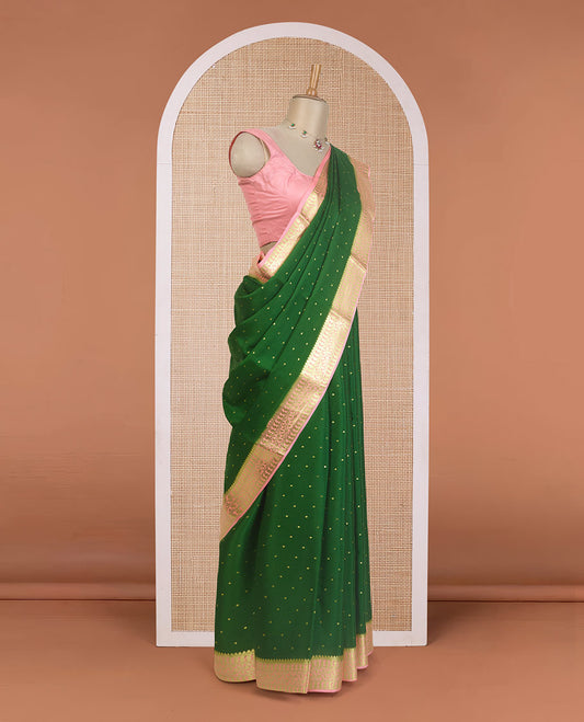 Green zari buttas Mysore silk saree, contrast traditional zari border of paisleys, and jaal pallu