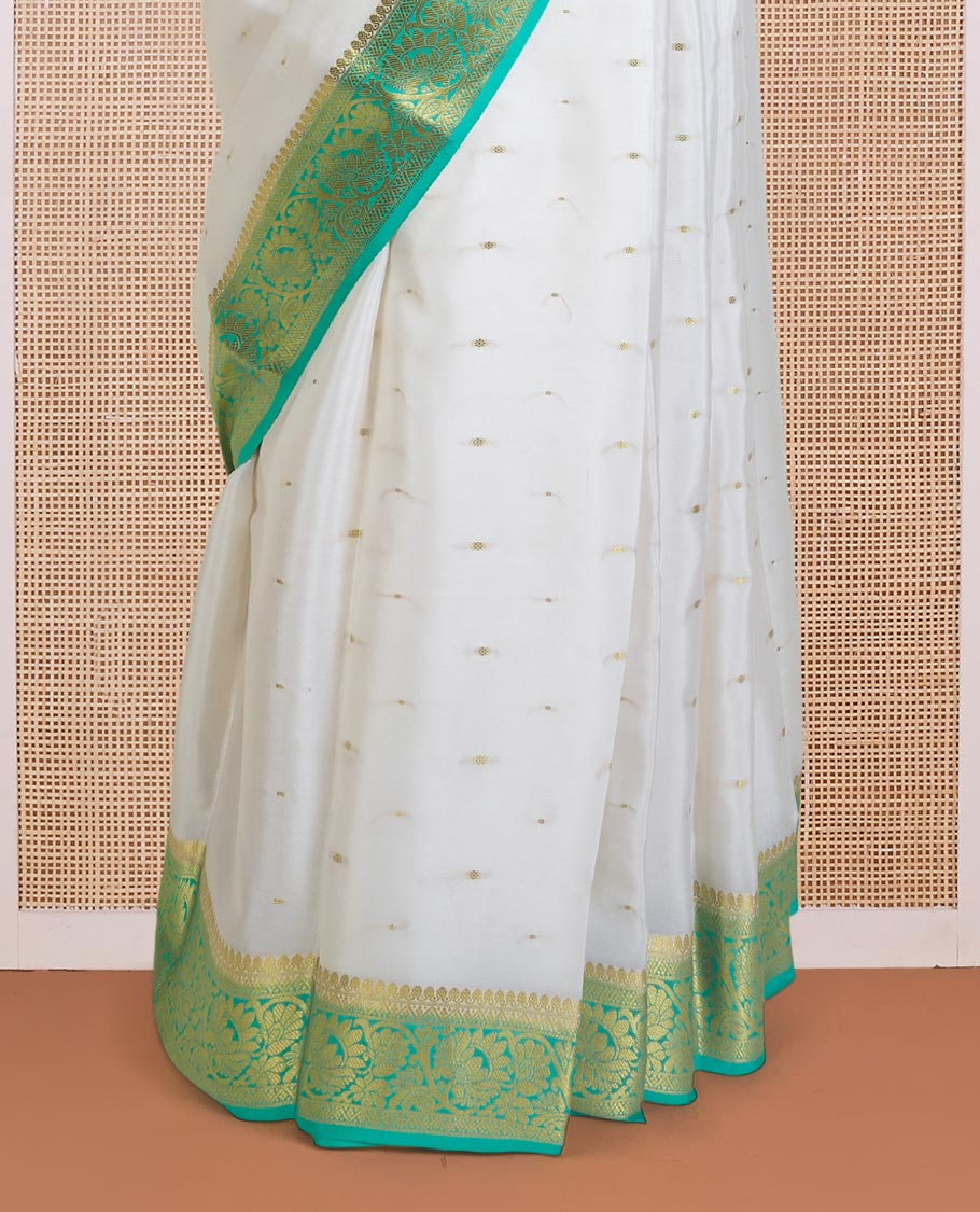 Cream zari buttas Mysore silk saree, contrast floral creeper zari border, and floral jaal pallu