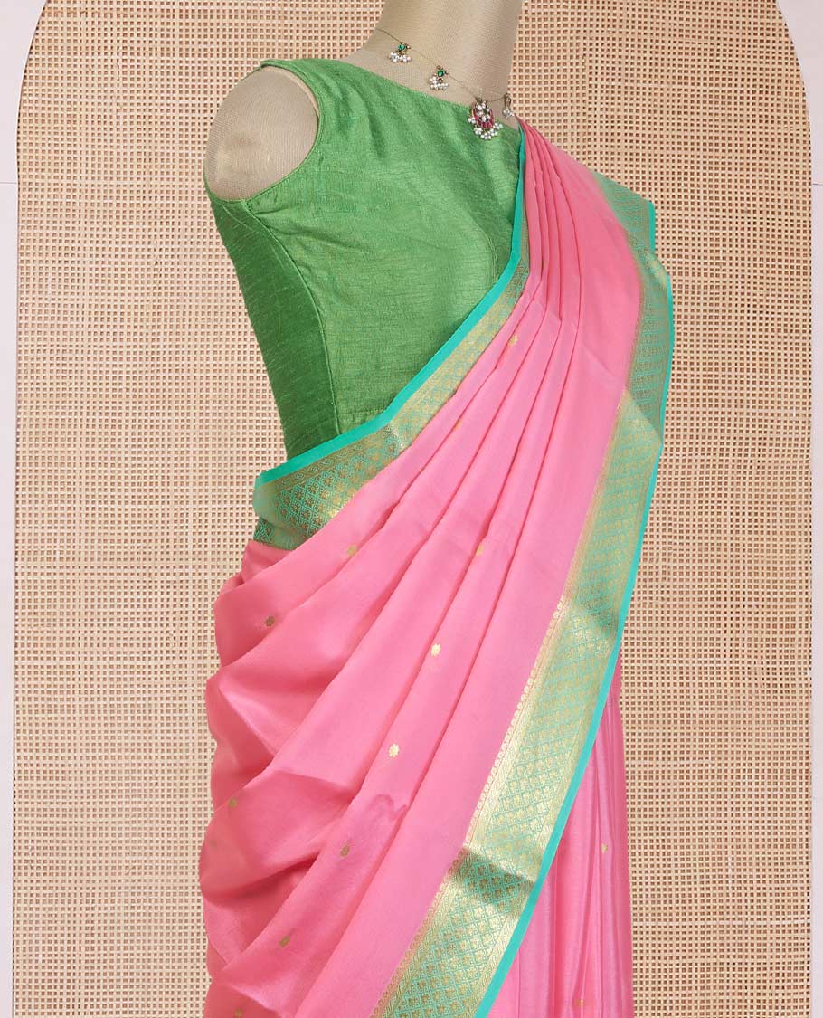Pink zari buttas Mysore silk saree, contrast jaal zari design border, and intricate zari woven pallu