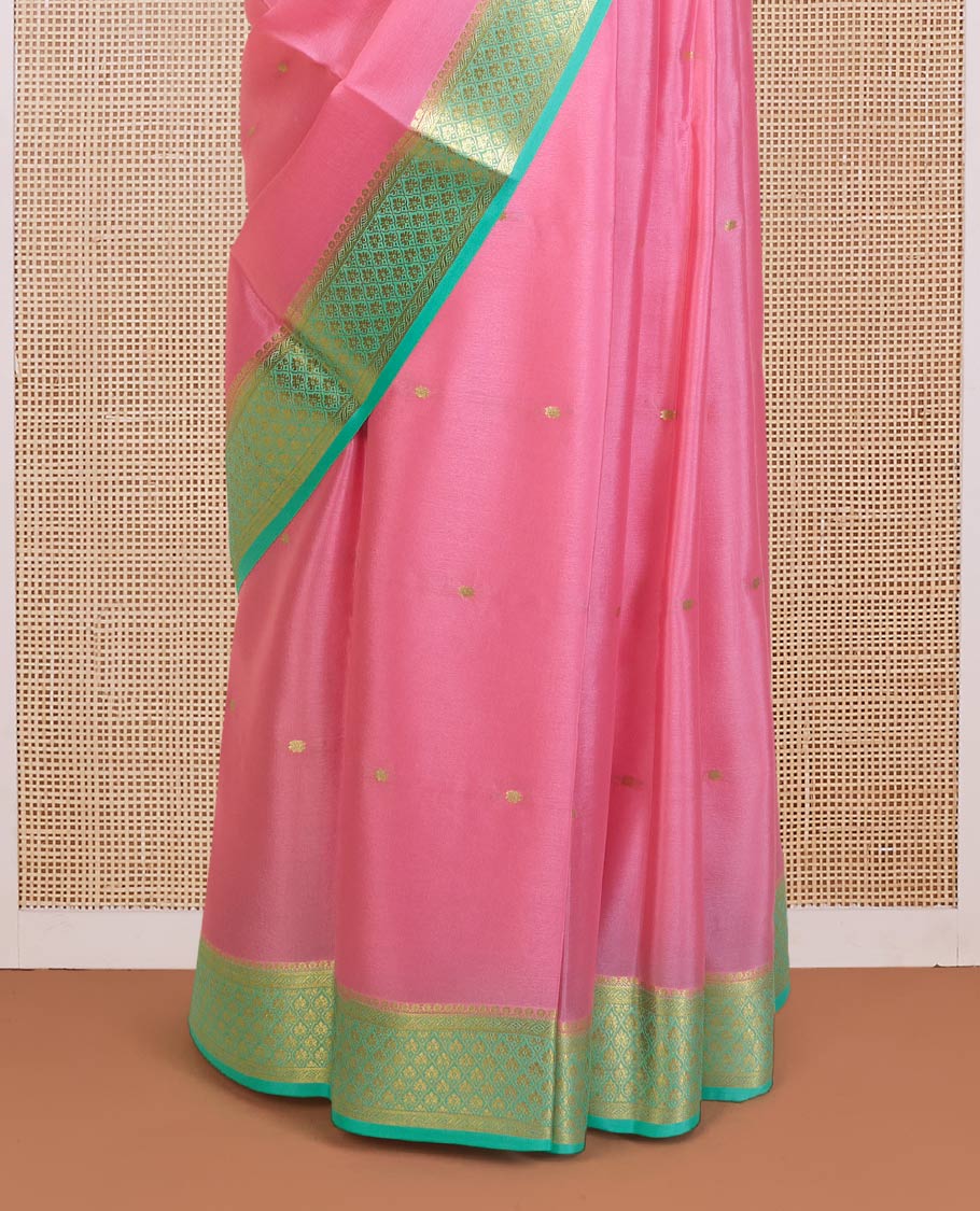 Pink zari buttas Mysore silk saree, contrast jaal zari design border, and intricate zari woven pallu
