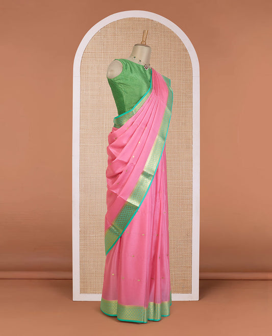 Pink zari buttas Mysore silk saree, contrast jaal zari design border, and intricate zari woven pallu