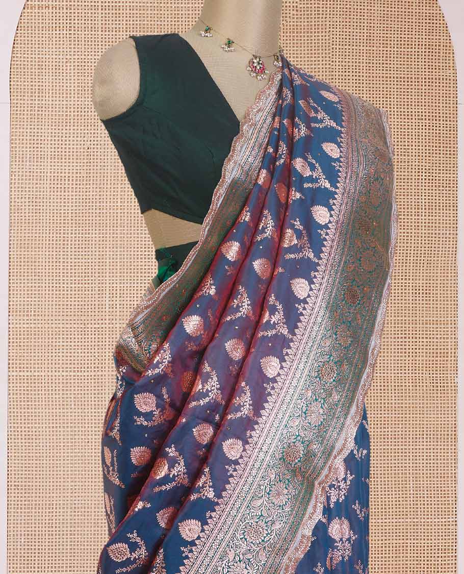 Blue zari buttas with micro stonework banaras nylon silk saree, contrast traditional zari and stonework border, and zari woven pallu with stone work