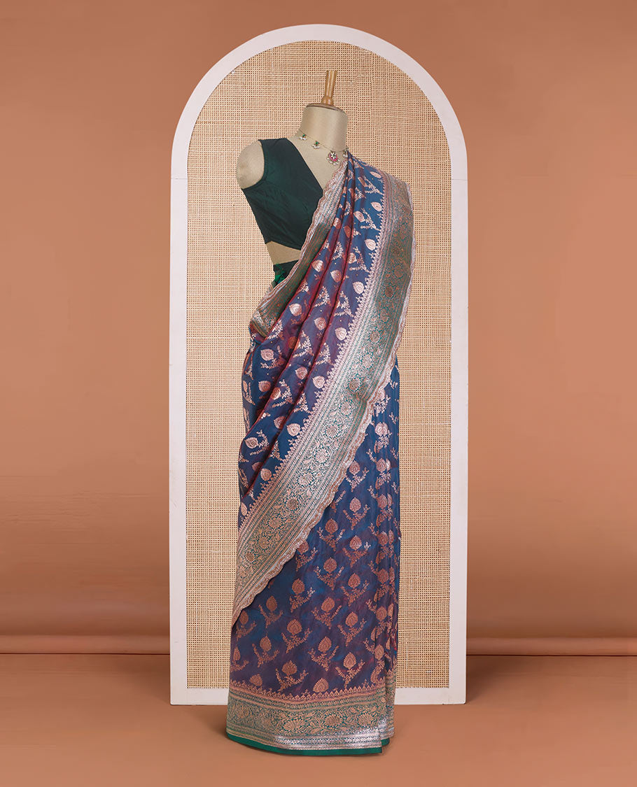 Blue zari buttas with micro stonework banaras nylon silk saree, contrast traditional zari and stonework border, and zari woven pallu with stone work