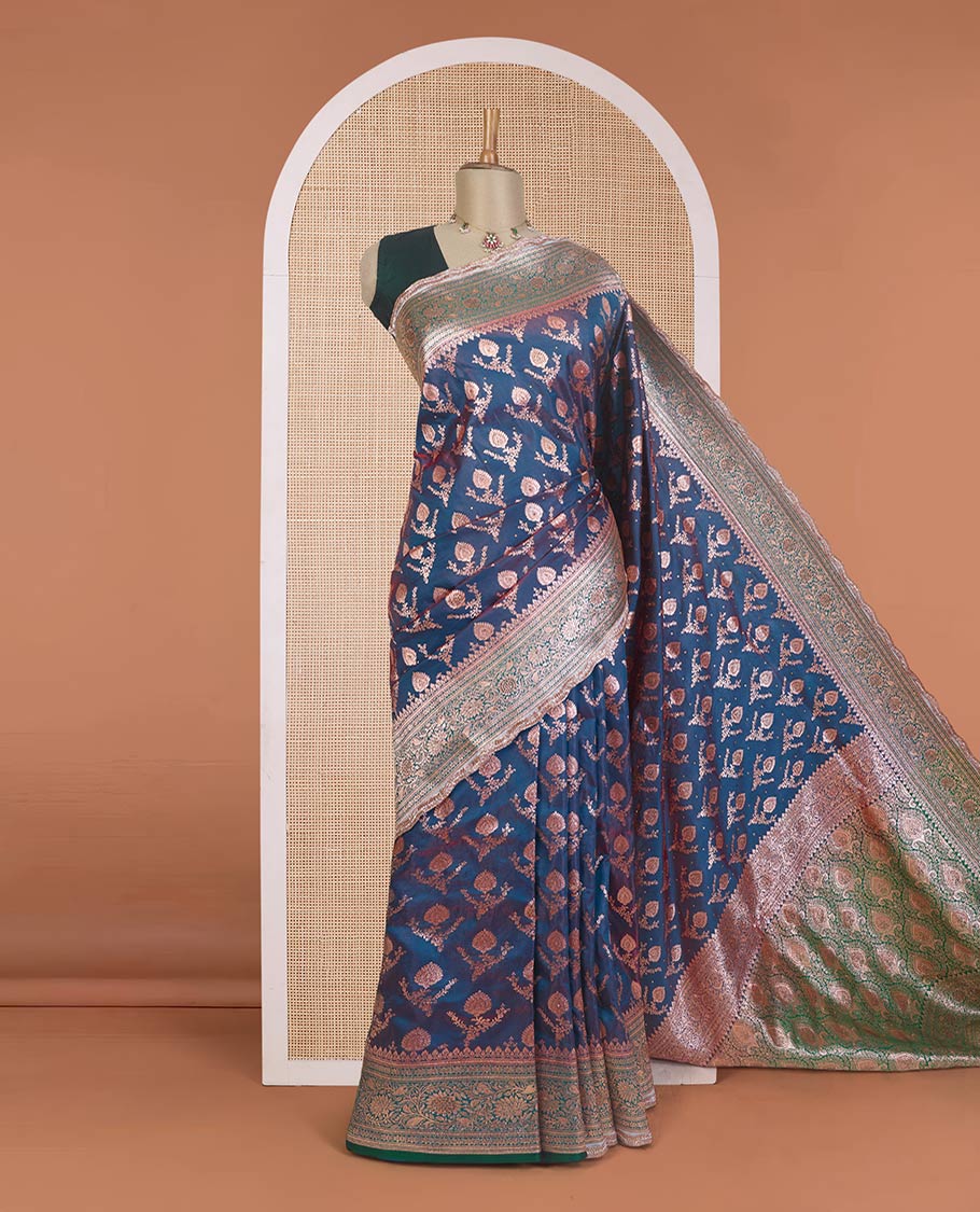 Blue zari buttas with micro stonework banaras nylon silk saree, contrast traditional zari and stonework border, and zari woven pallu with stone work