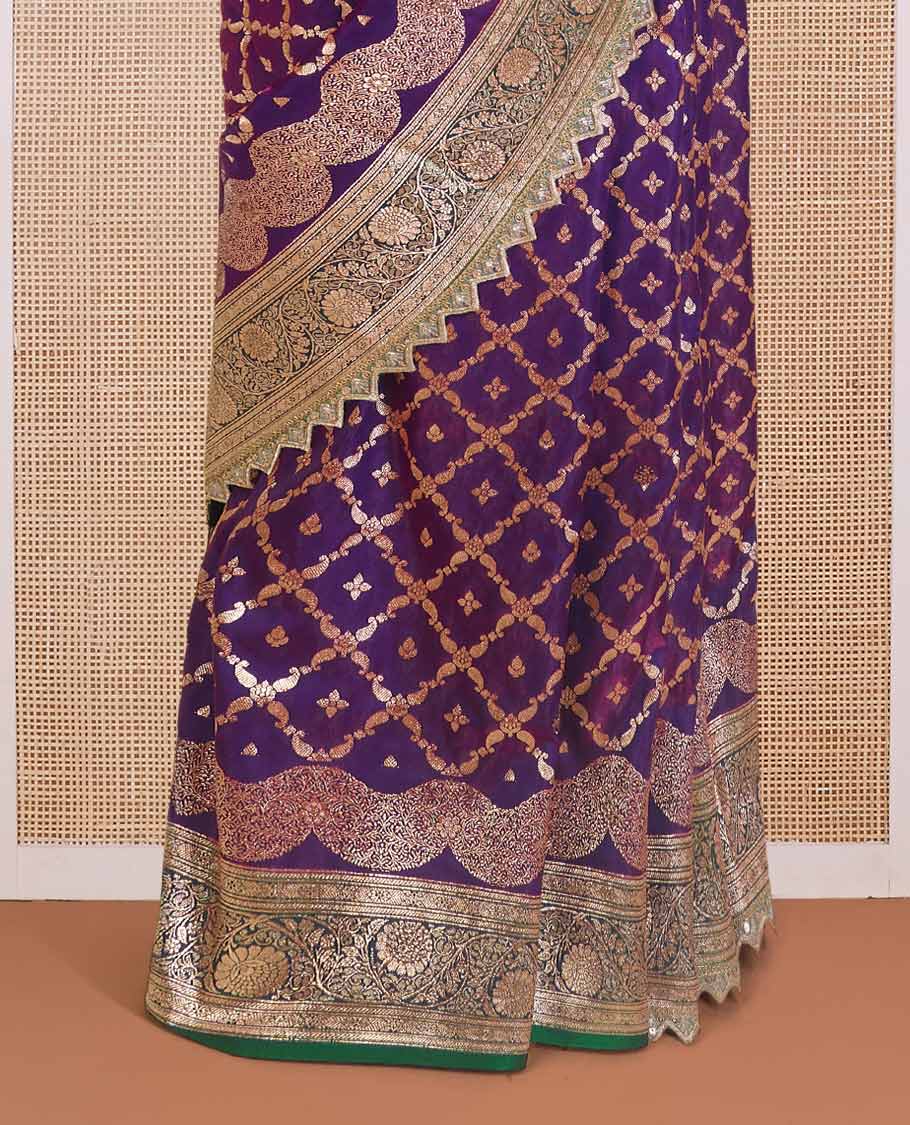 Purple jaal jacquard with micro stonework banaras nylon silk saree, contrast traditional zari and stonework border, and intricately zari woven pallu