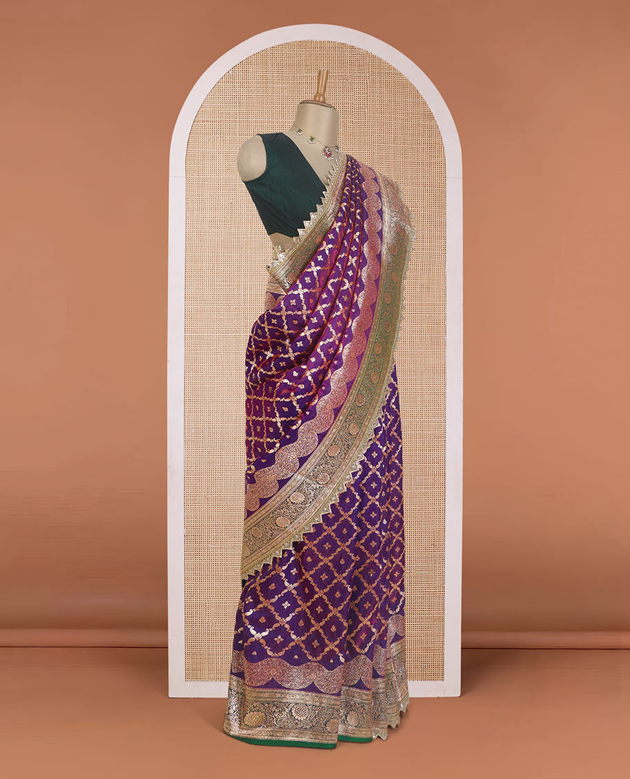 Purple jaal jacquard with micro stonework banaras nylon silk saree, contrast traditional zari and stonework border, and intricately zari woven pallu