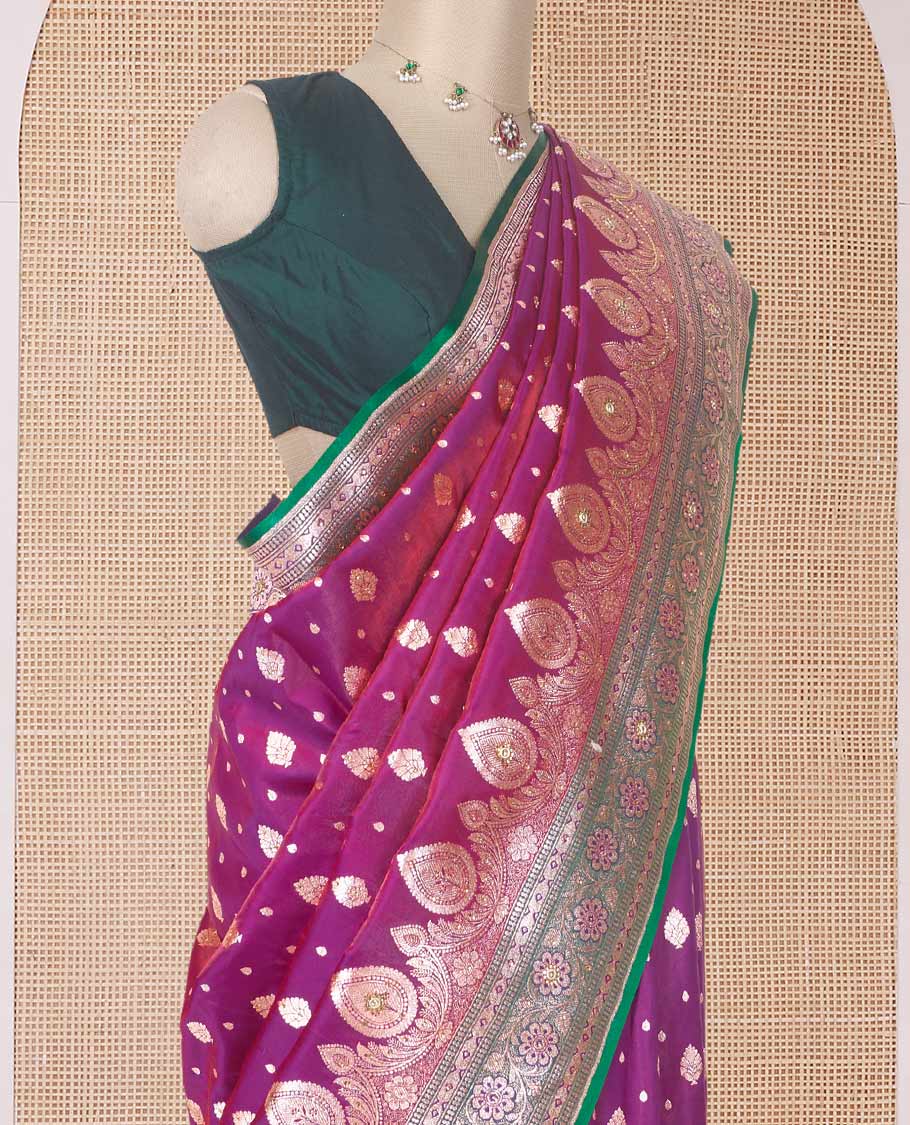 Purple zari buttas banaras nylon silk saree, contrast traditional zari and micro stonework border, and intricately zari woven pallu with stone work