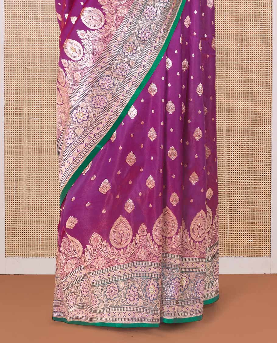 Purple zari buttas banaras nylon silk saree, contrast traditional zari and micro stonework border, and intricately zari woven pallu with stone work