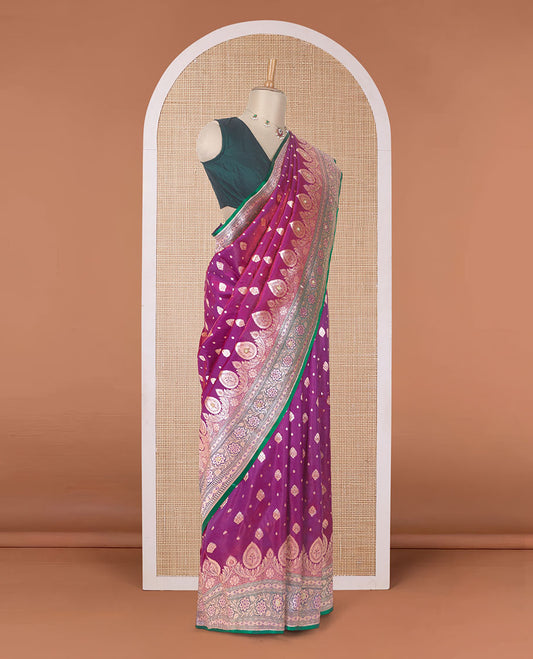 Purple zari buttas banaras nylon silk saree, contrast traditional zari and micro stonework border, and intricately zari woven pallu with stone work