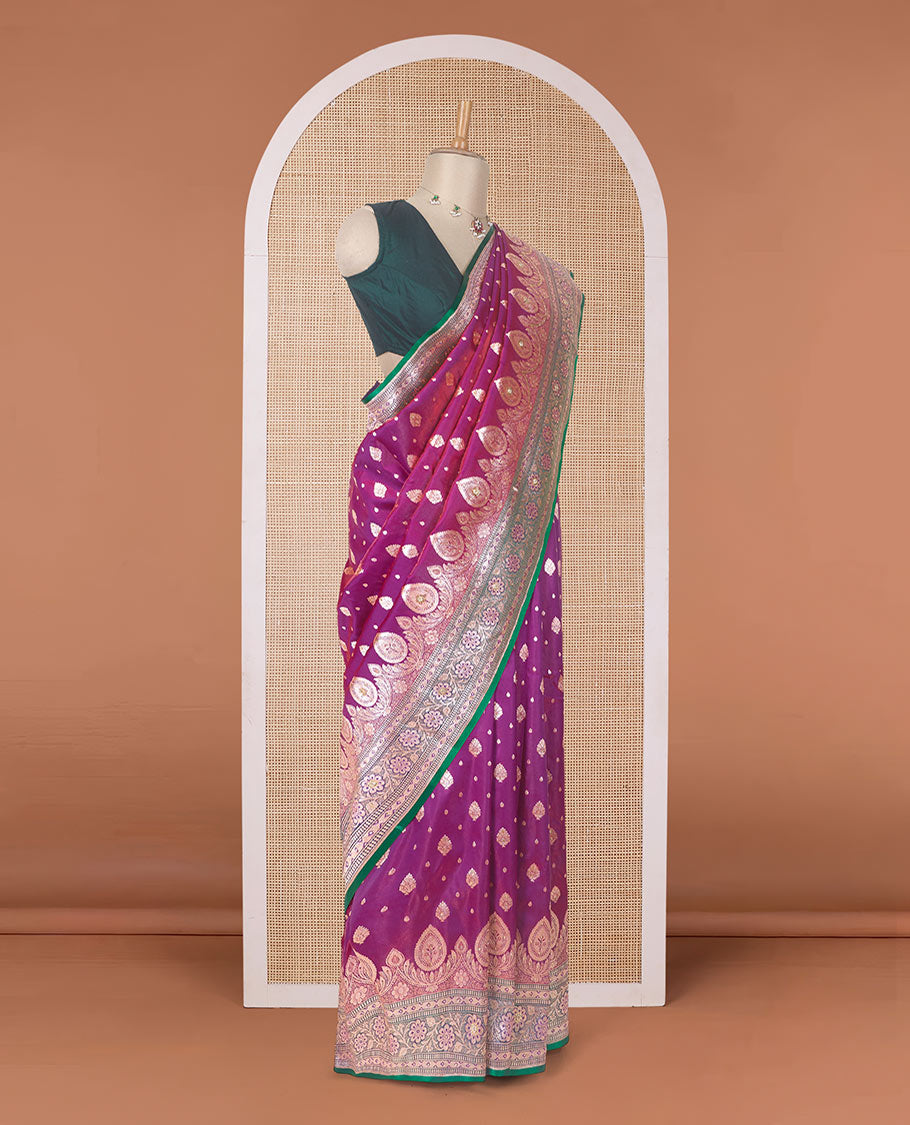 Purple zari buttas banaras nylon silk saree, contrast traditional zari and micro stonework border, and intricately zari woven pallu with stone work
