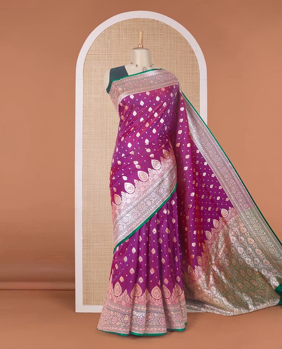 Purple zari buttas banaras nylon silk saree, contrast traditional zari and micro stonework border, and intricately zari woven pallu with stone work