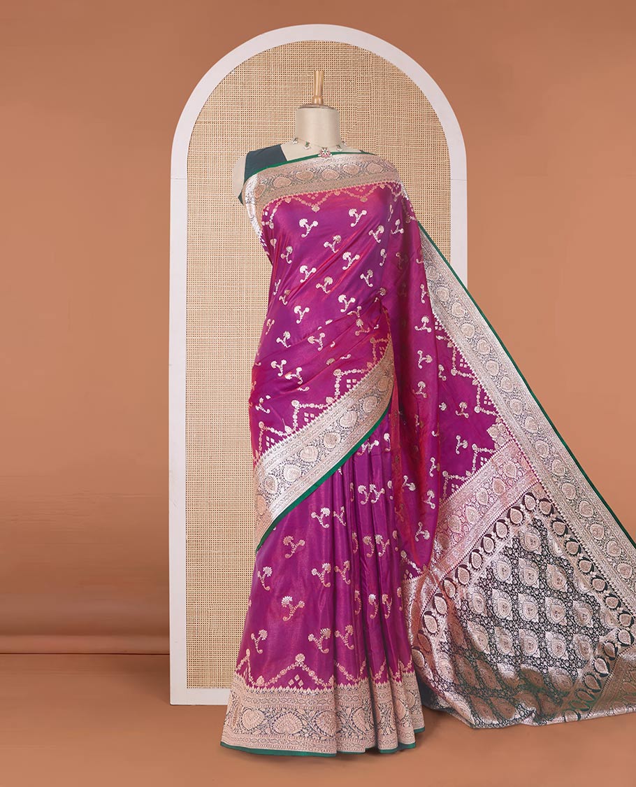 Purple floral buttas with stonework banaras nylon silk saree, contrast traditional zari and micro stone work border, and intricate pallu with stone work