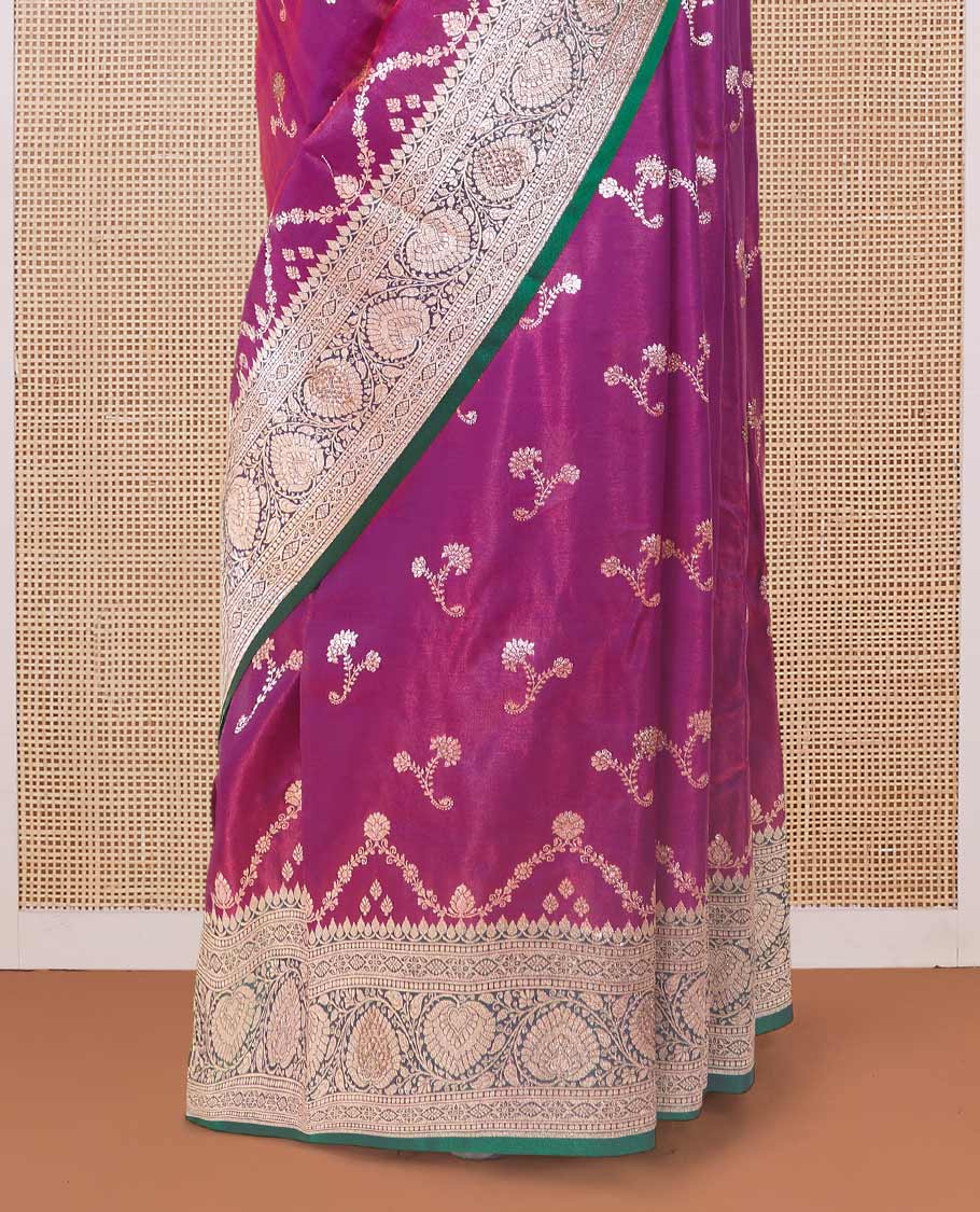 Purple floral buttas with stonework banaras nylon silk saree, contrast traditional zari and micro stone work border, and intricate pallu with stone work