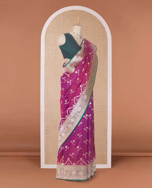 Purple floral buttas with stonework banaras nylon silk saree, contrast traditional zari and micro stone work border, and intricate pallu with stone work