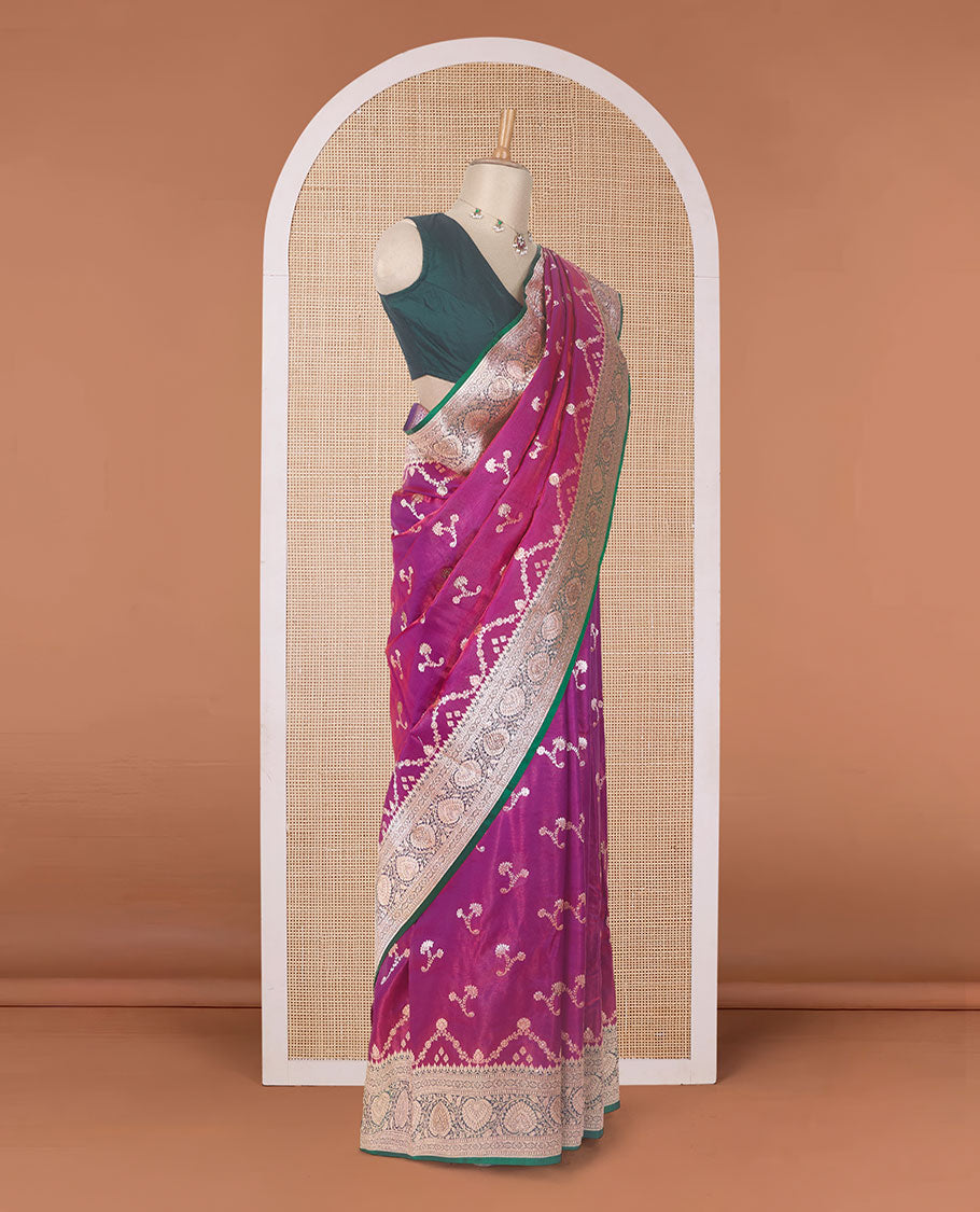 Purple floral buttas with stonework banaras nylon silk saree, contrast traditional zari and micro stone work border, and intricate pallu with stone work