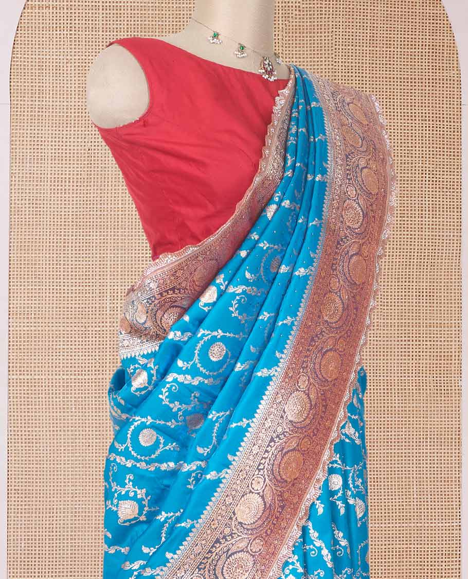 Blue jacquard with micro stonework banaras nylon silk saree, contrast floral creeper zari and stonework border, and intricately zari woven pallu