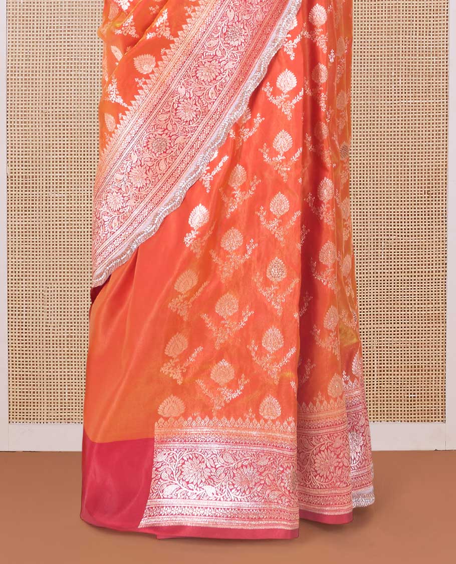 Orange zari buttas with micro stonework banaras nylon silk saree, contrast traditional zari and stonework border, and zari woven pallu with stone work