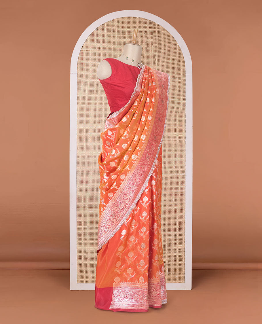 Orange zari buttas with micro stonework banaras nylon silk saree, contrast traditional zari and stonework border, and zari woven pallu with stone work