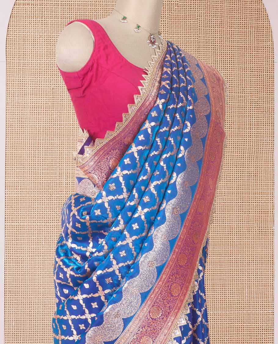 Royal blue jaal jacquard with micro stone work banaras nylon silk saree, contrast floral creeper zari and stone work border, and intricately zari woven pallu