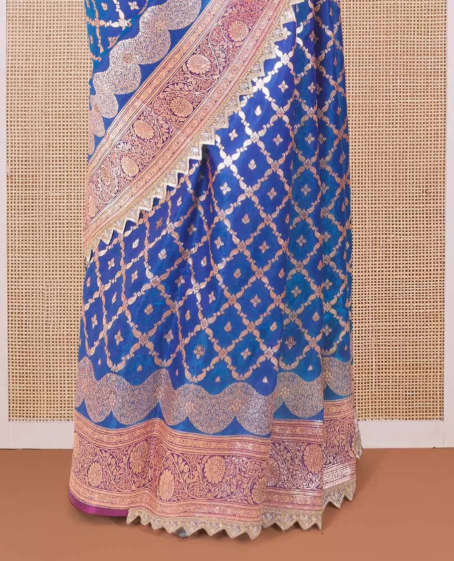 Royal blue jaal jacquard with micro stone work banaras nylon silk saree, contrast floral creeper zari and stone work border, and intricately zari woven pallu