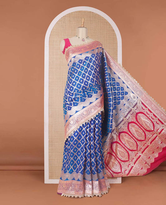 Royal blue jaal jacquard with micro stone work banaras nylon silk saree, contrast floral creeper zari and stone work border, and intricately zari woven pallu