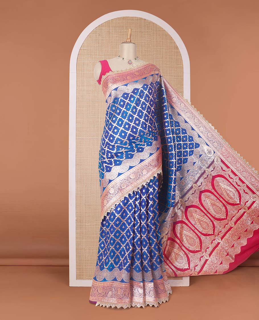 Royal blue jaal jacquard with micro stone work banaras nylon silk saree, contrast floral creeper zari and stone work border, and intricately zari woven pallu