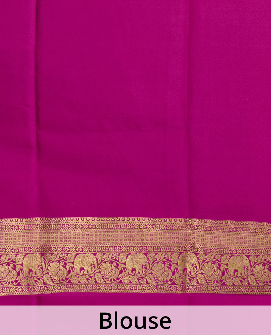 Green elephant motifs zari woven Mysore silk saree, contrast traditional zari border, and pallu of buttas and thick zari checks