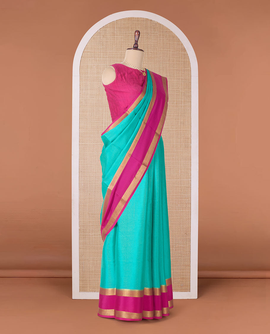 Blue zari checked Mysore silk saree, contrast rettai pettu peacock eye zari border, and pallu of zari stripes