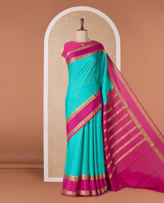 Blue zari checked Mysore silk saree, contrast rettai pettu peacock eye zari border, and pallu of zari stripes