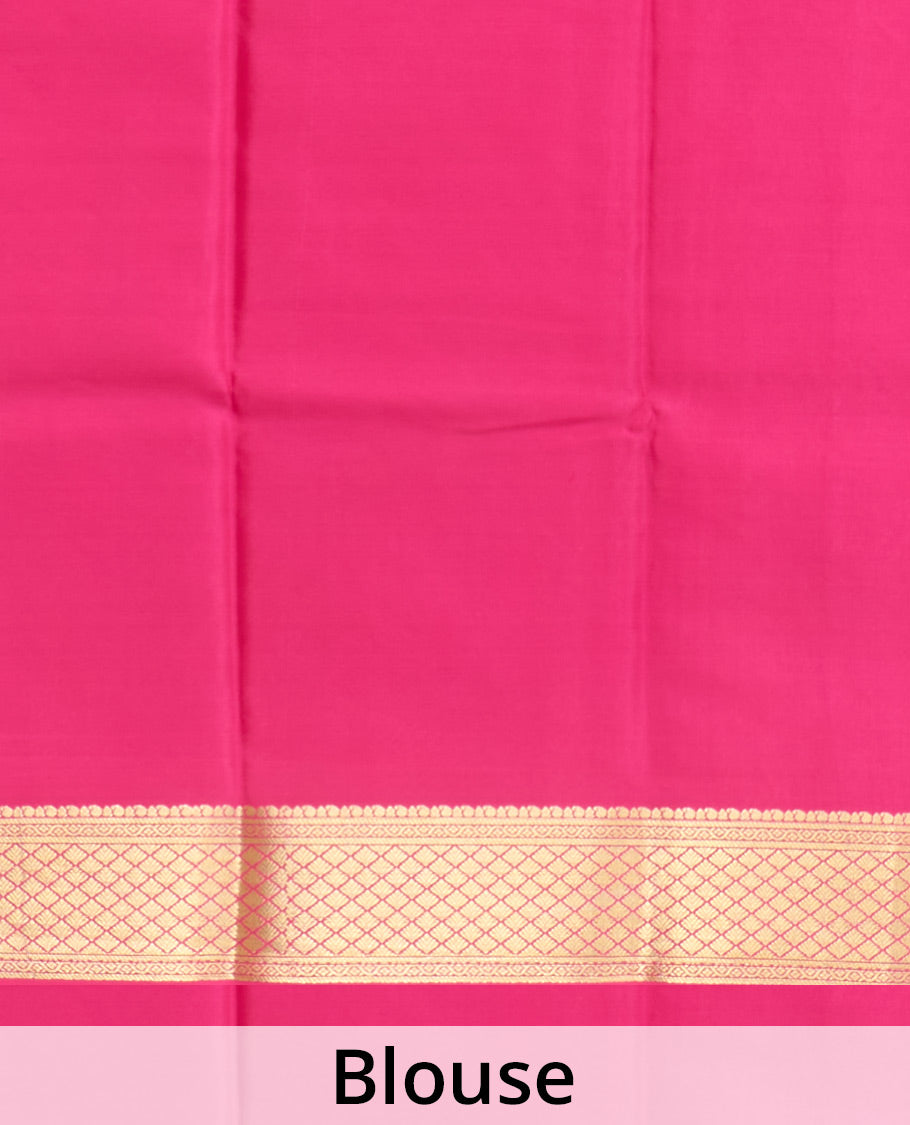 Yellow zari buttas Mysore silk saree, contrast jaal zari border, and pallu of floral creeper design in zari