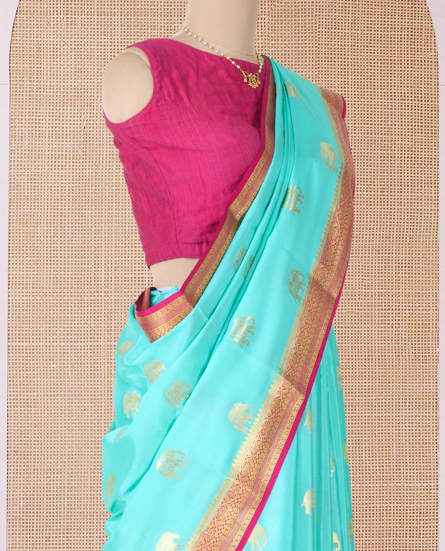 Blue zari elephant motifs woven Mysore silk saree, contrast traditional zari border and pallu of zari-rich paisley designs