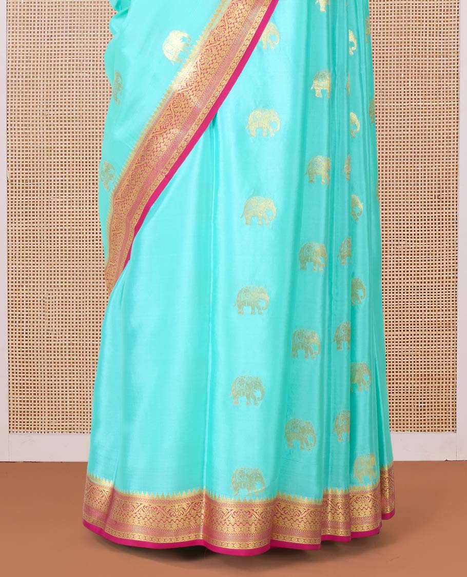 Blue zari elephant motifs woven Mysore silk saree, contrast traditional zari border and pallu of zari-rich paisley designs