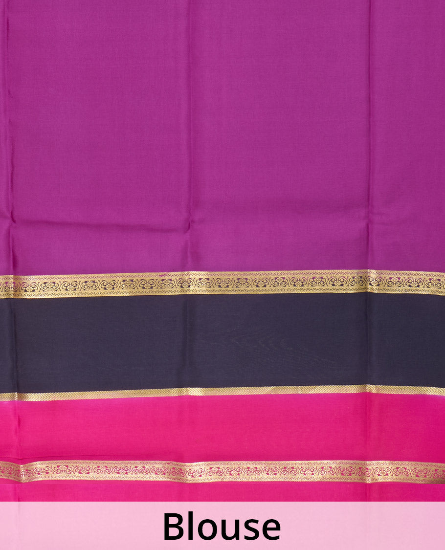 Purple zari buttas Mysore silk saree, contrast traditional zari rettai pettu border, and pallu of temple zari designs
