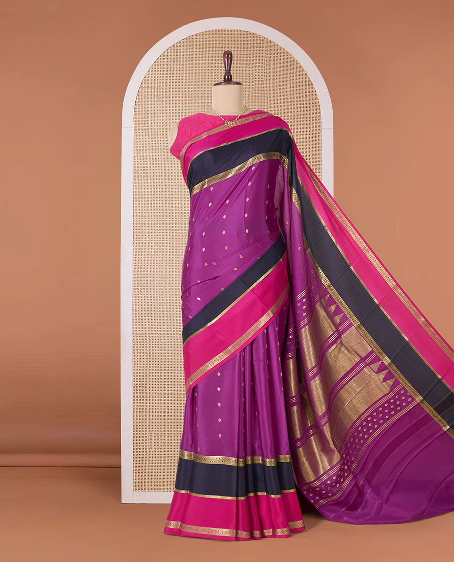 Purple zari buttas Mysore silk saree, contrast traditional zari rettai pettu border, and pallu of temple zari designs