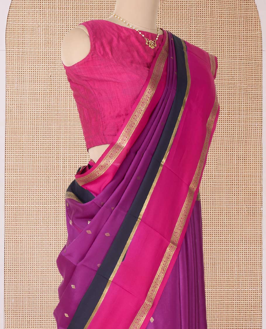 Purple zari buttas Mysore silk saree, contrast traditional zari rettai pettu border, and pallu of temple zari designs
