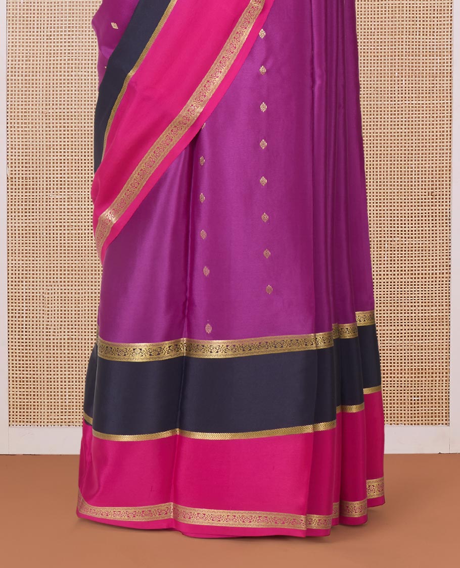 Purple zari buttas Mysore silk saree, contrast traditional zari rettai pettu border, and pallu of temple zari designs