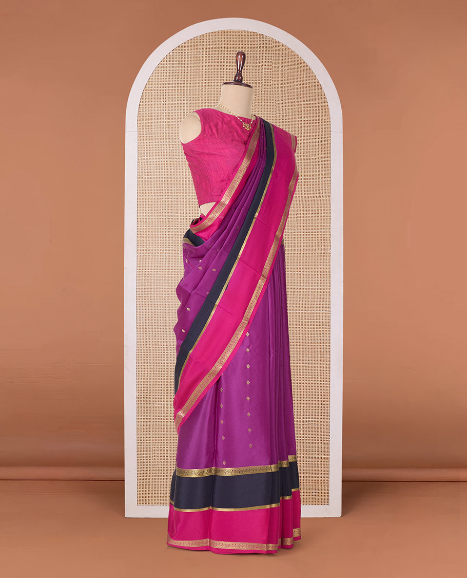 Purple zari buttas Mysore silk saree, contrast traditional zari rettai pettu border, and pallu of temple zari designs